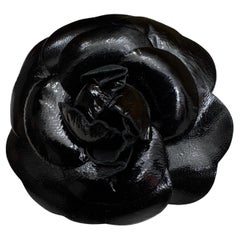 1990s Vintage CHANEL Leather Camellia Brooch Black