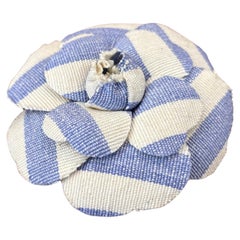 1990s Vintage CHANEL Canvas Camellia Brooch Blue White