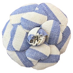 1990s Vintage CHANEL Canvas Camellia Brooch Blue White