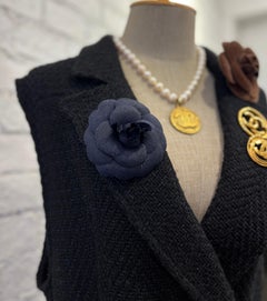 1990s Vintage CHANEL Linen Camellia Brooch Navy