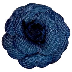 1990s Vintage CHANEL Linen Camellia Brooch Navy