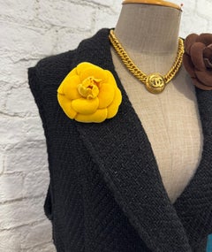 1990s Vintage CHANEL Velvet Camellia Brooch Yellow