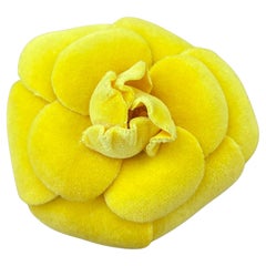 1990s Vintage CHANEL Velvet Camellia Brooch Yellow