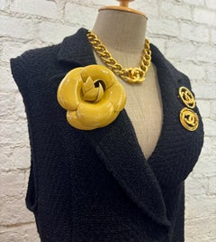 1990s Vintage CHANEL Massive Leather Camellia Brooch Mustard