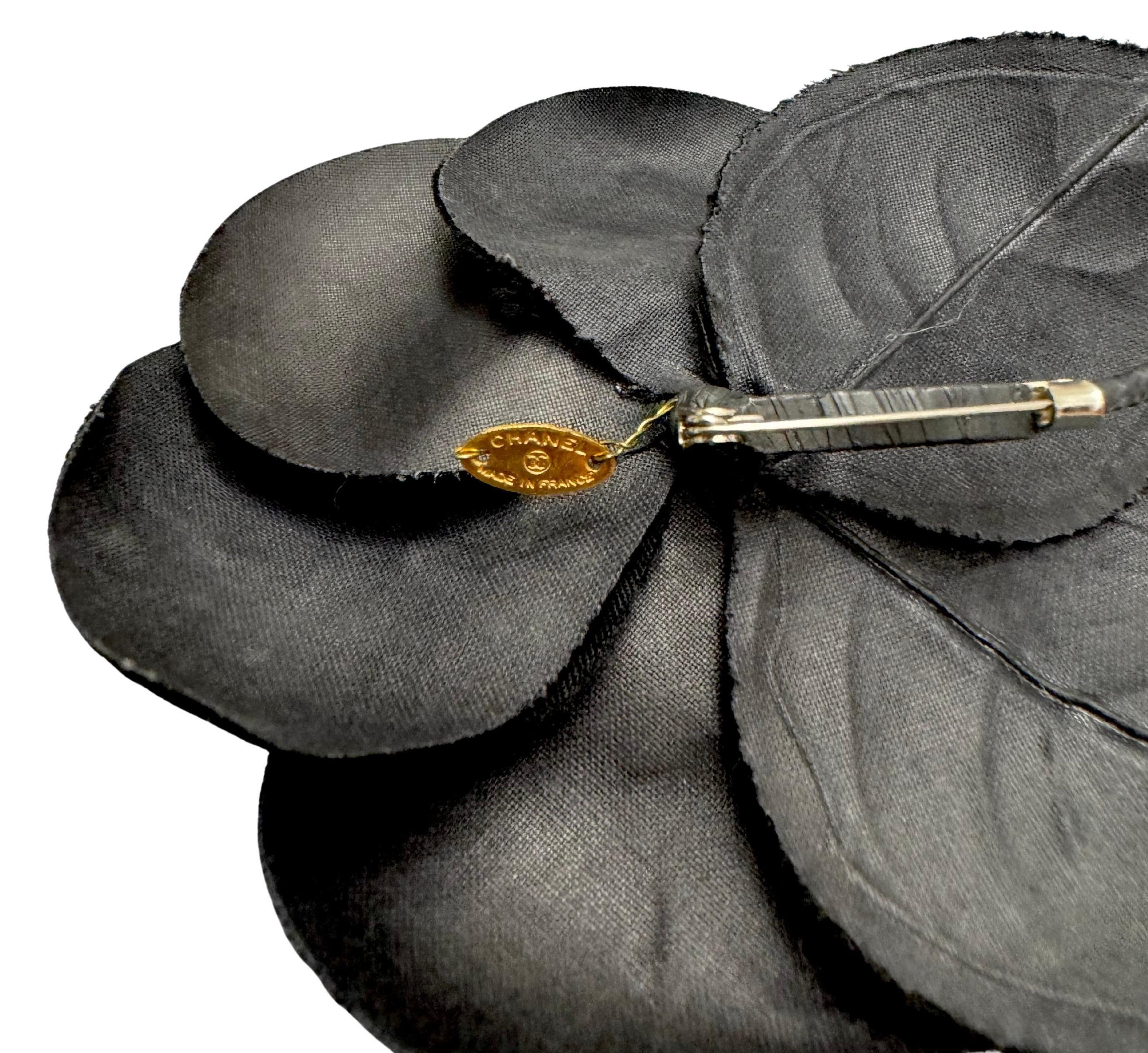 1990s Vintage CHANEL Massive Silk Camellia Brooch Black For Sale 2