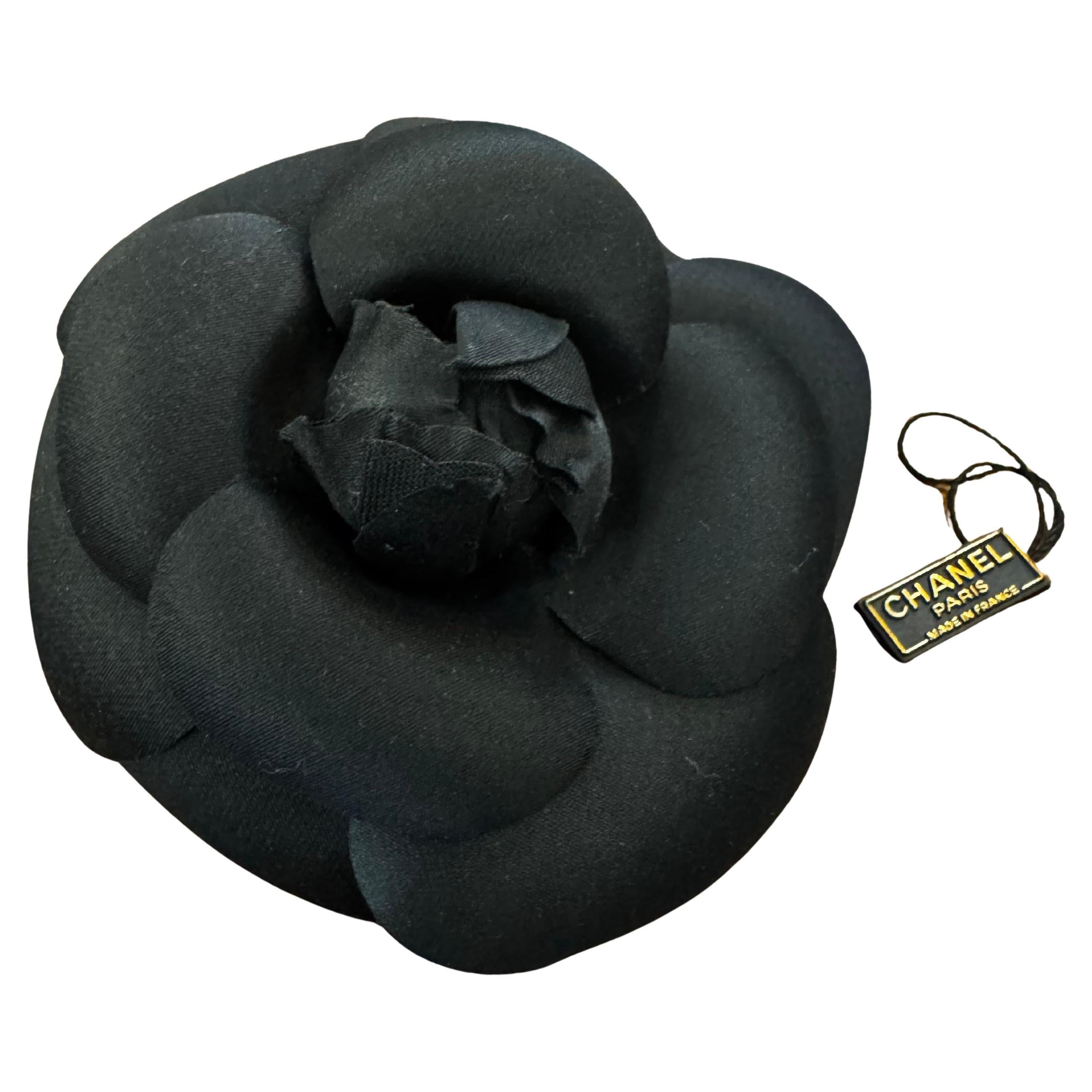 1990s Vintage CHANEL Massive Silk Camellia Brooch Black