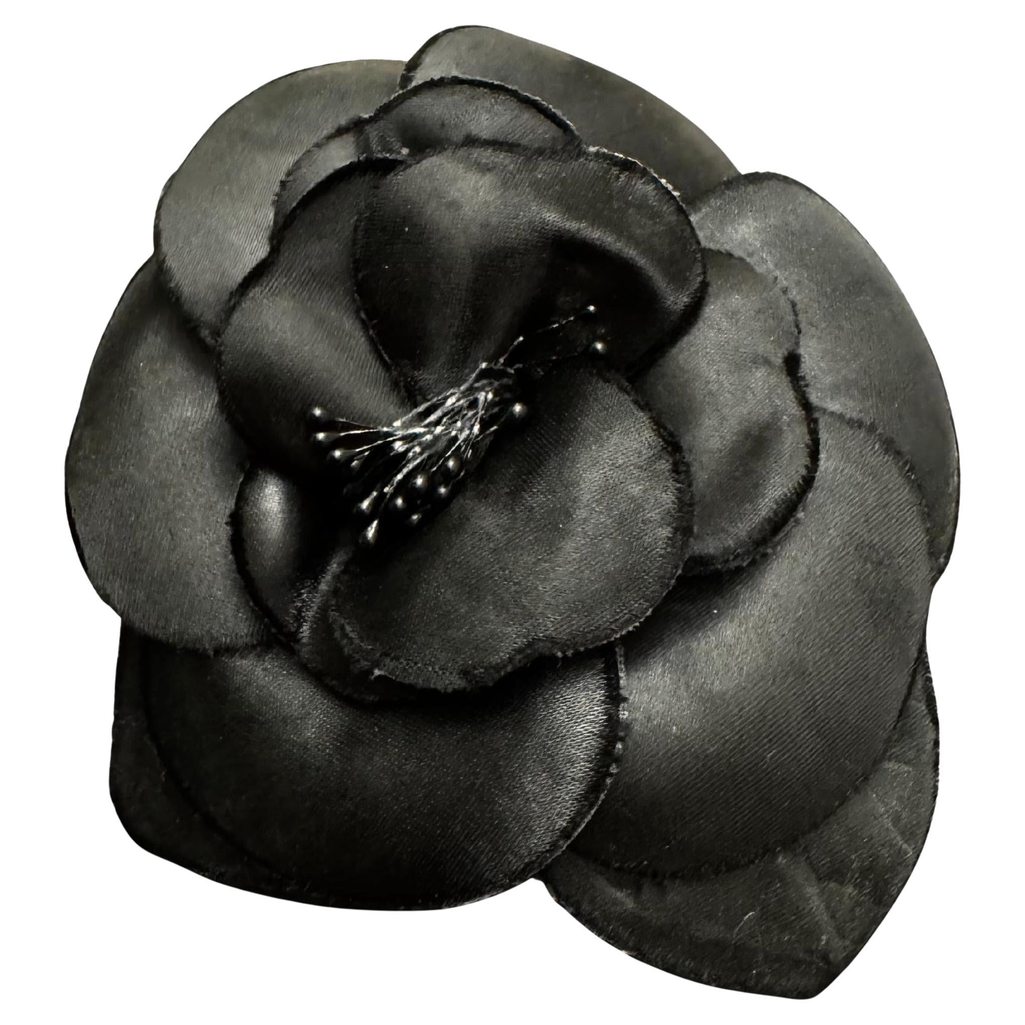 1990s Vintage CHANEL Massive Silk Camellia Brooch Black
