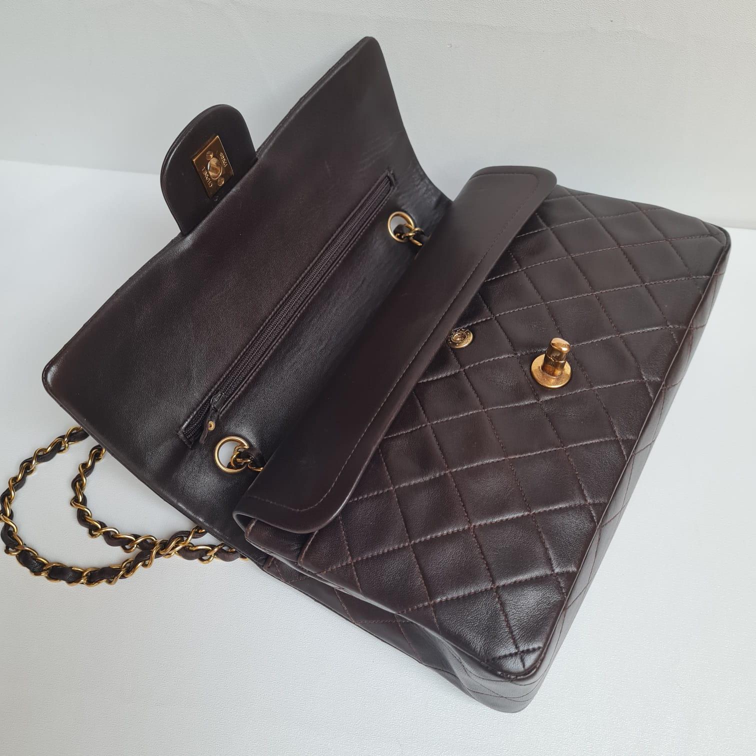 1990s Vintage Chanel Medium Dark Brown Leather Flap Bag 10