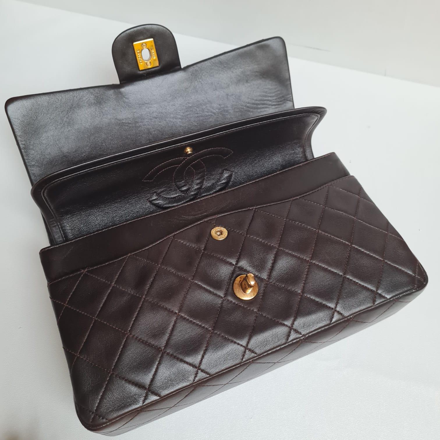 1990s Vintage Chanel Medium Dark Brown Leather Flap Bag 13