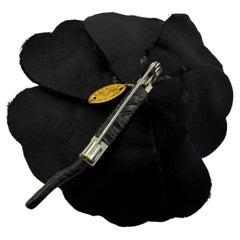 1990s Vintage CHANEL Metallic Faux-Fur Camellia Brooch Black