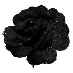 1990s Vintage CHANEL Metallic Faux-Fur Camellia Brooch Black