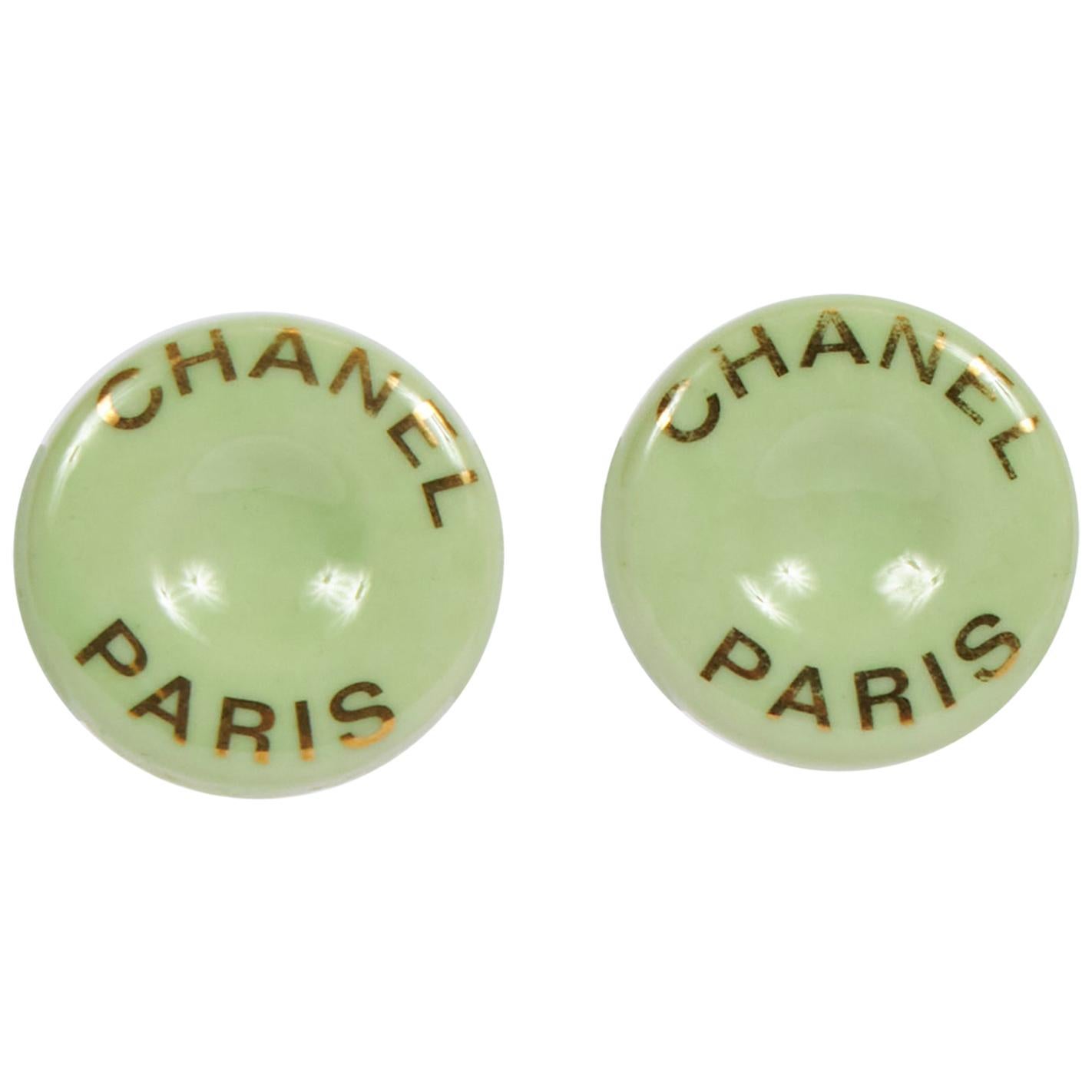 1990's Vintage  Chanel Mint Green Ceramic Clip Earrings