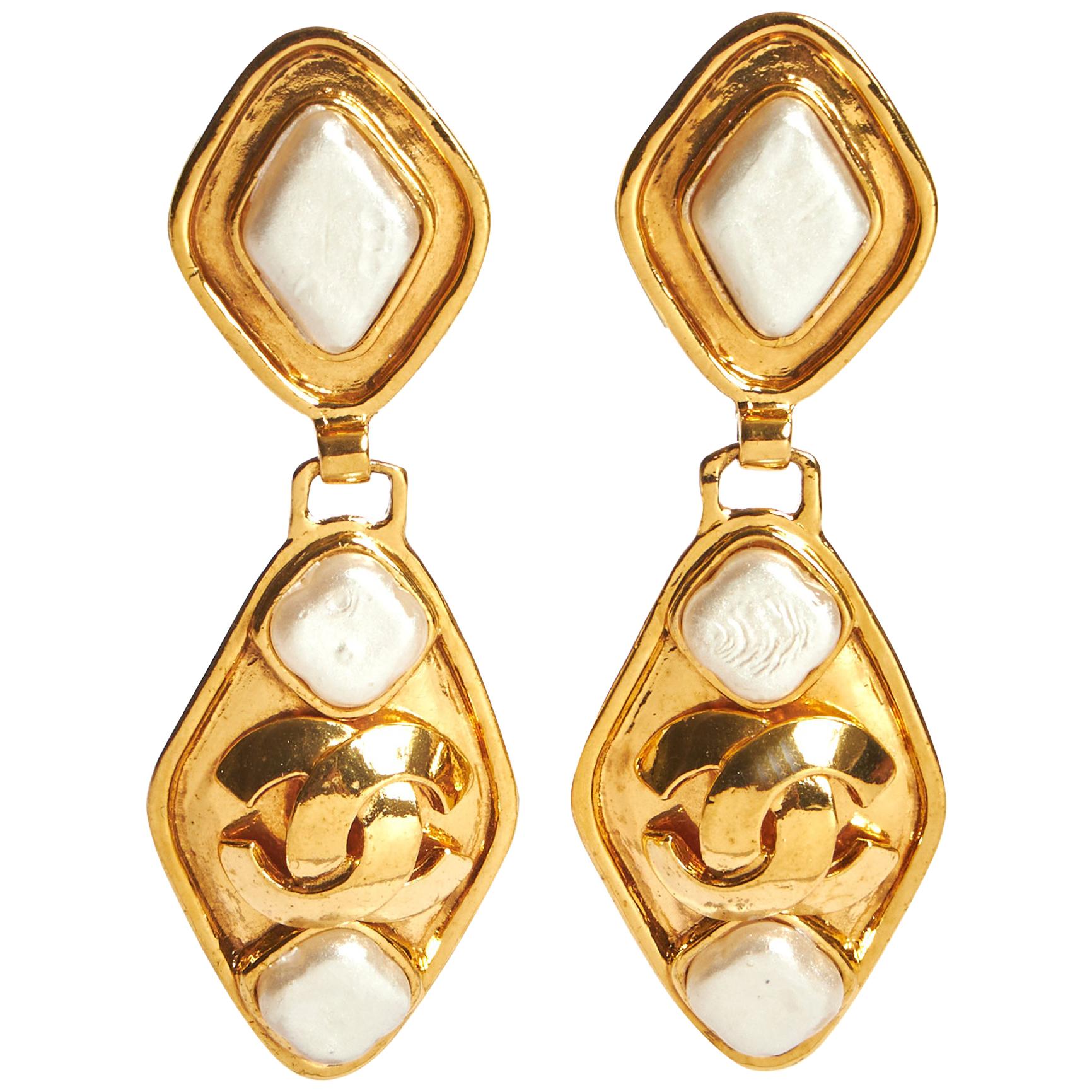 1990's Vintage Chanel Pearl & Gold Dangle Earrings