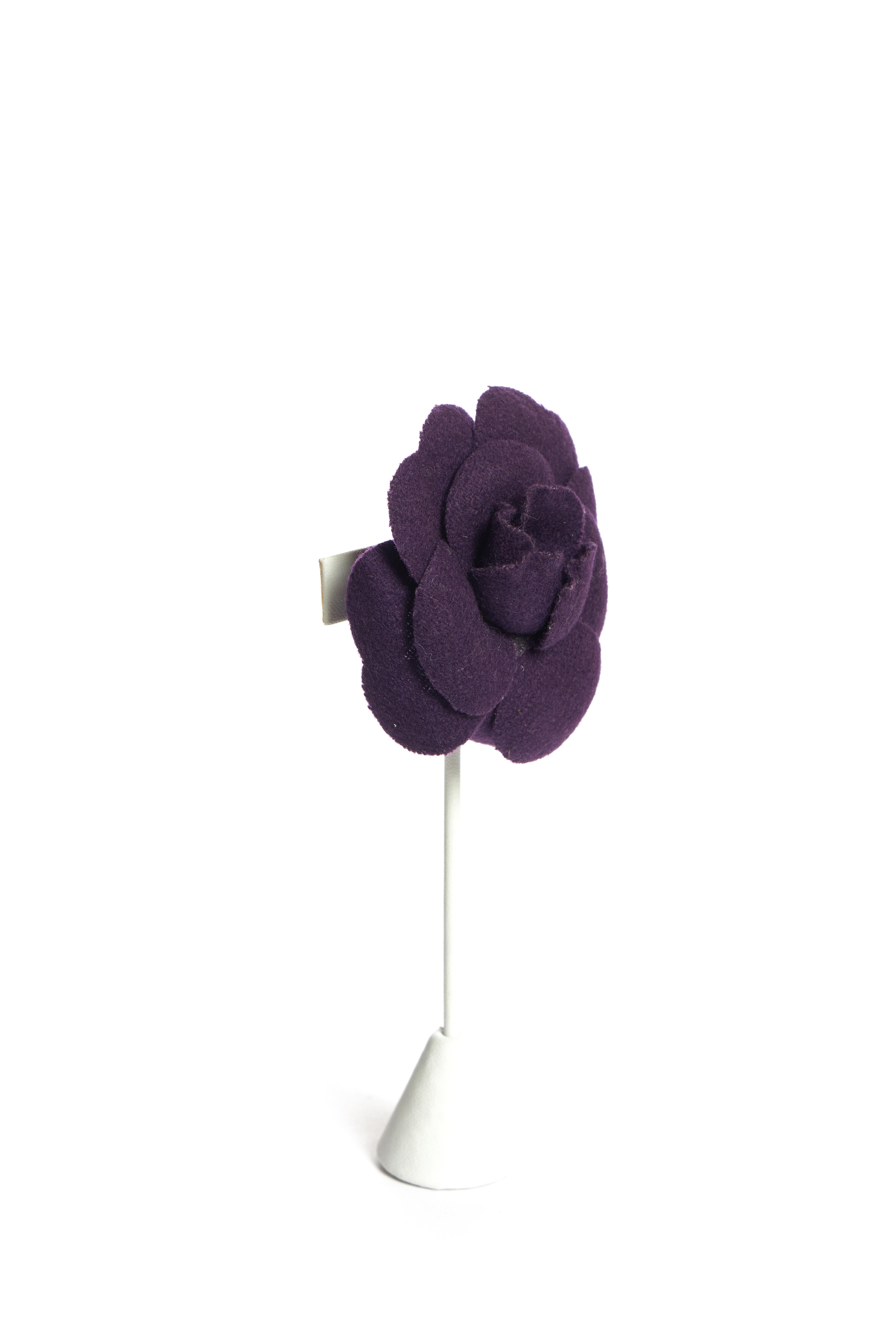 Chanel purple felt camellia pin. Minor wear. Comes with original dust bag.