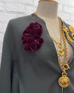 1990s Vintage CHANEL Quadruple Velvet Camellia Brooch Burgundy