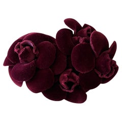 1990s Vintage CHANEL Quadruple Velvet Camellia Brooch Burgundy