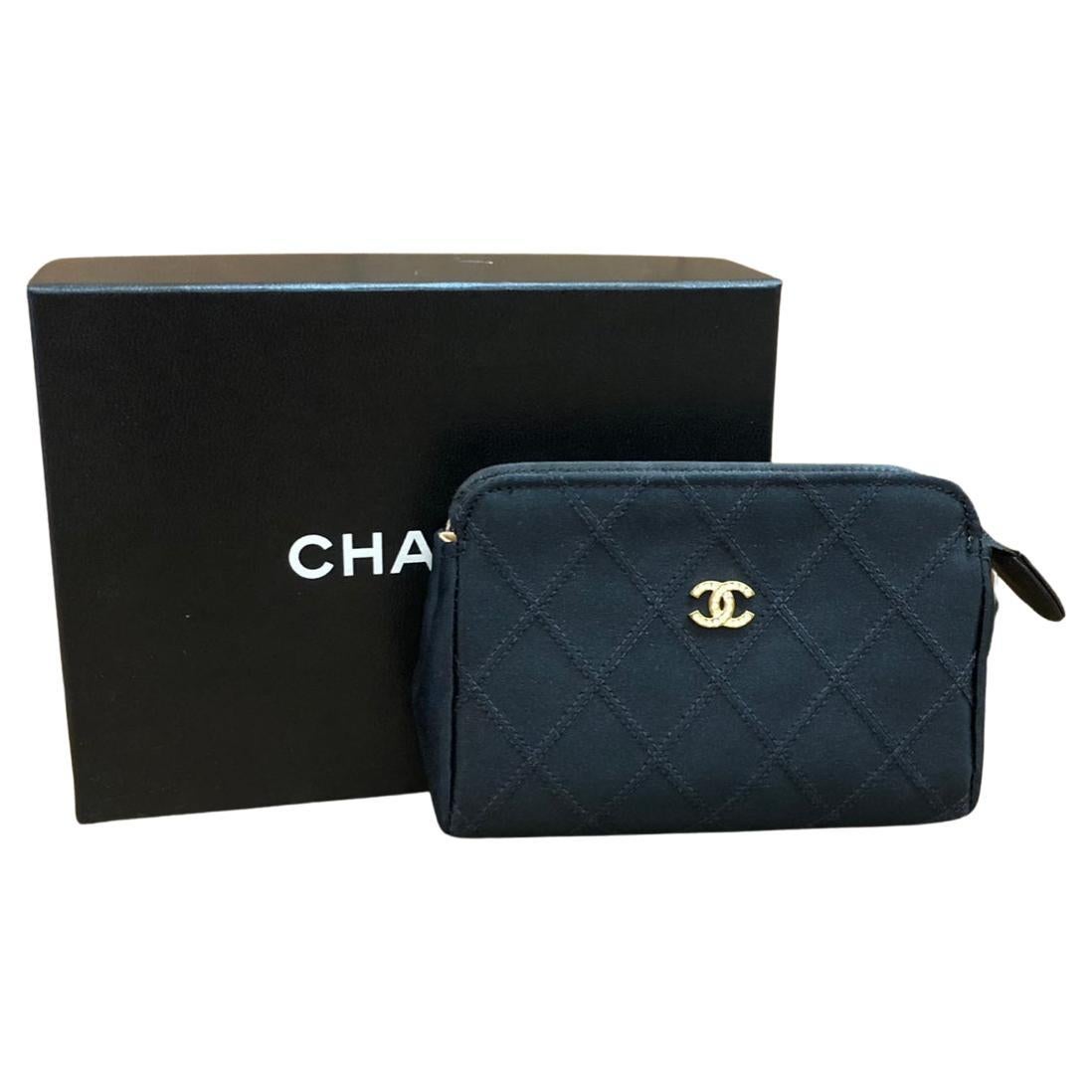 1990s Vintage CHANEL Quilted Satin Mini Pouch Bag Black For Sale