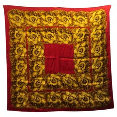 1990s Vintage CHANEL Red Gold Camellia Silk Scarf