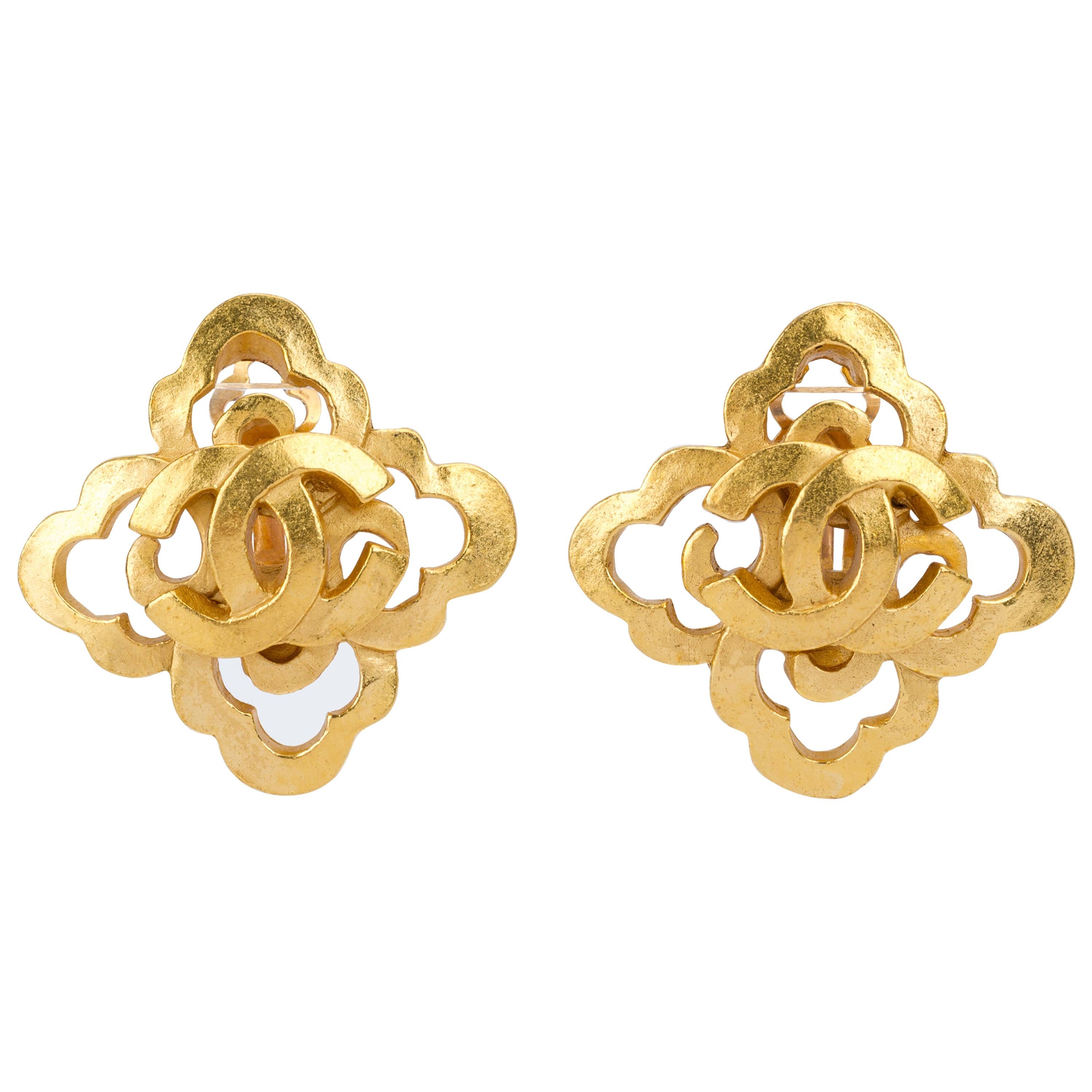 1990's Vintage Chanel Satin Gold Clover CC Logo Earrings