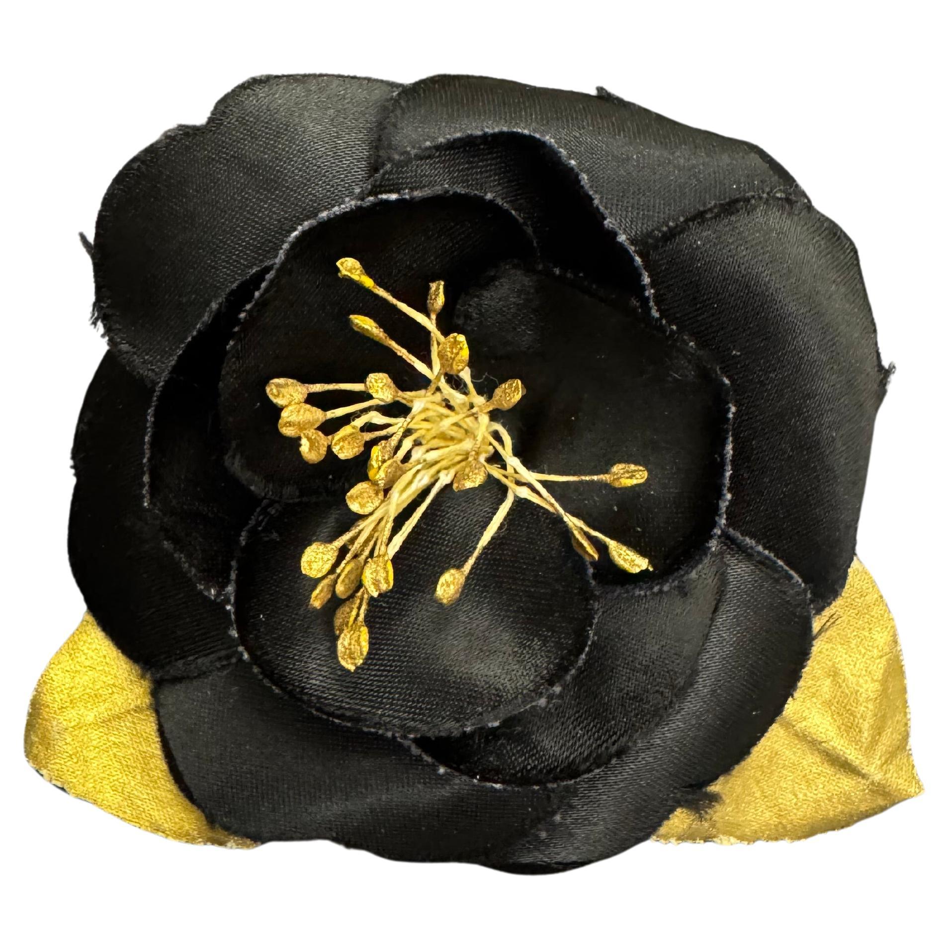 1990s Vintage CHANEL Silk Camellia Brooch Black Gold