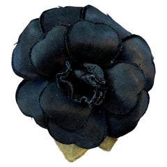 1990s Vintage CHANEL Silk Camellia Brooch Black Gold