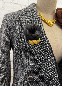1990s Vintage CHANEL Silk Camellia Brooch Black Gold Small