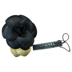 1990s Vintage CHANEL Silk Camellia Brooch Black Gold Small