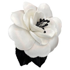 1990s Vintage CHANEL Silk Camellia Brooch Black White