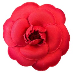 1990s Vintage CHANEL Silk Camellia Brooch Red