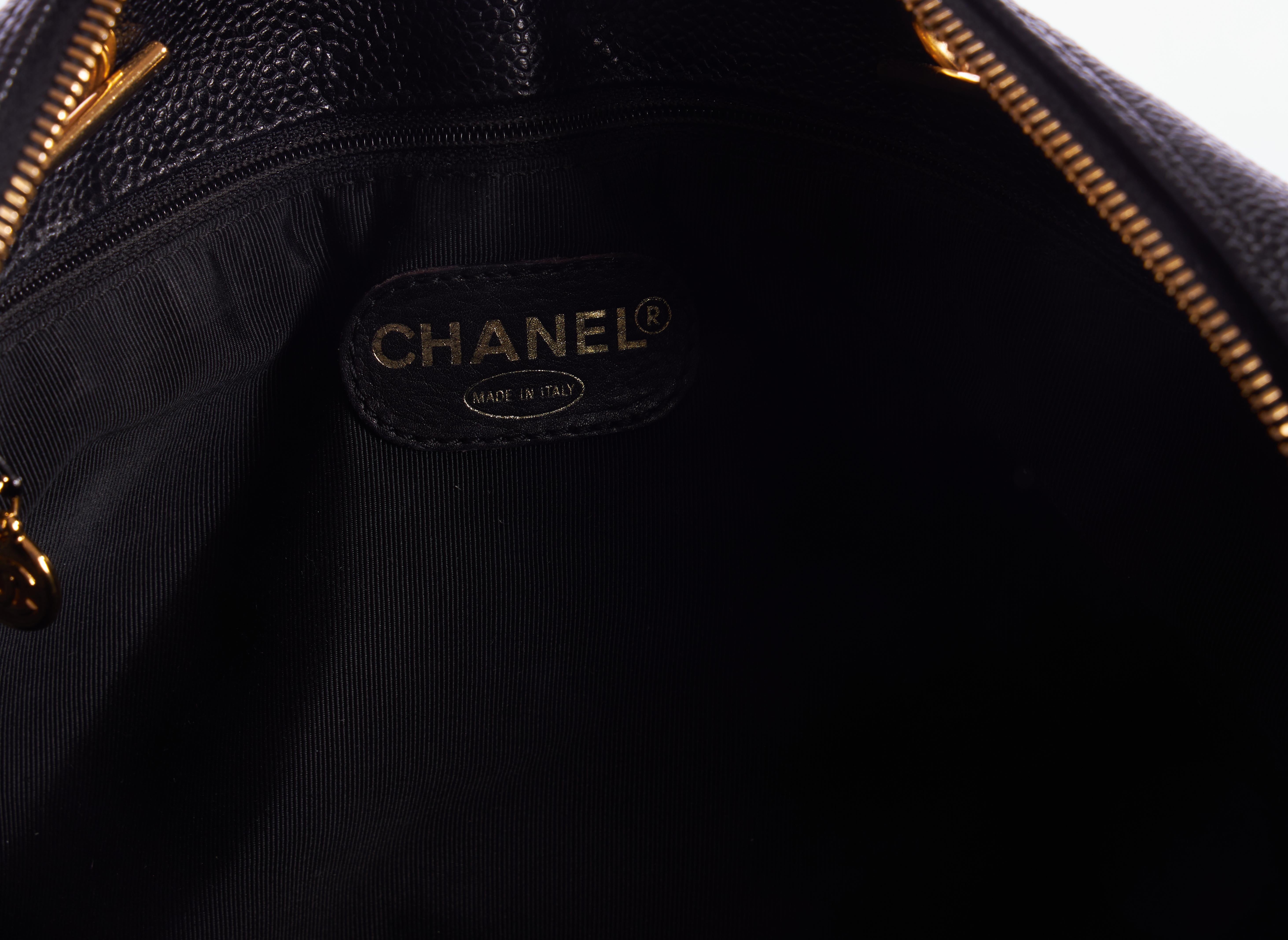 1990's Vintage Chanel Supermodel Black  Caviar Leather Top Zip Logo Bag 2