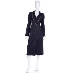 1990er Jahre Vintage Chloe Anthrazitgrauer Woll-Wickelmantel mit Goldbesatz