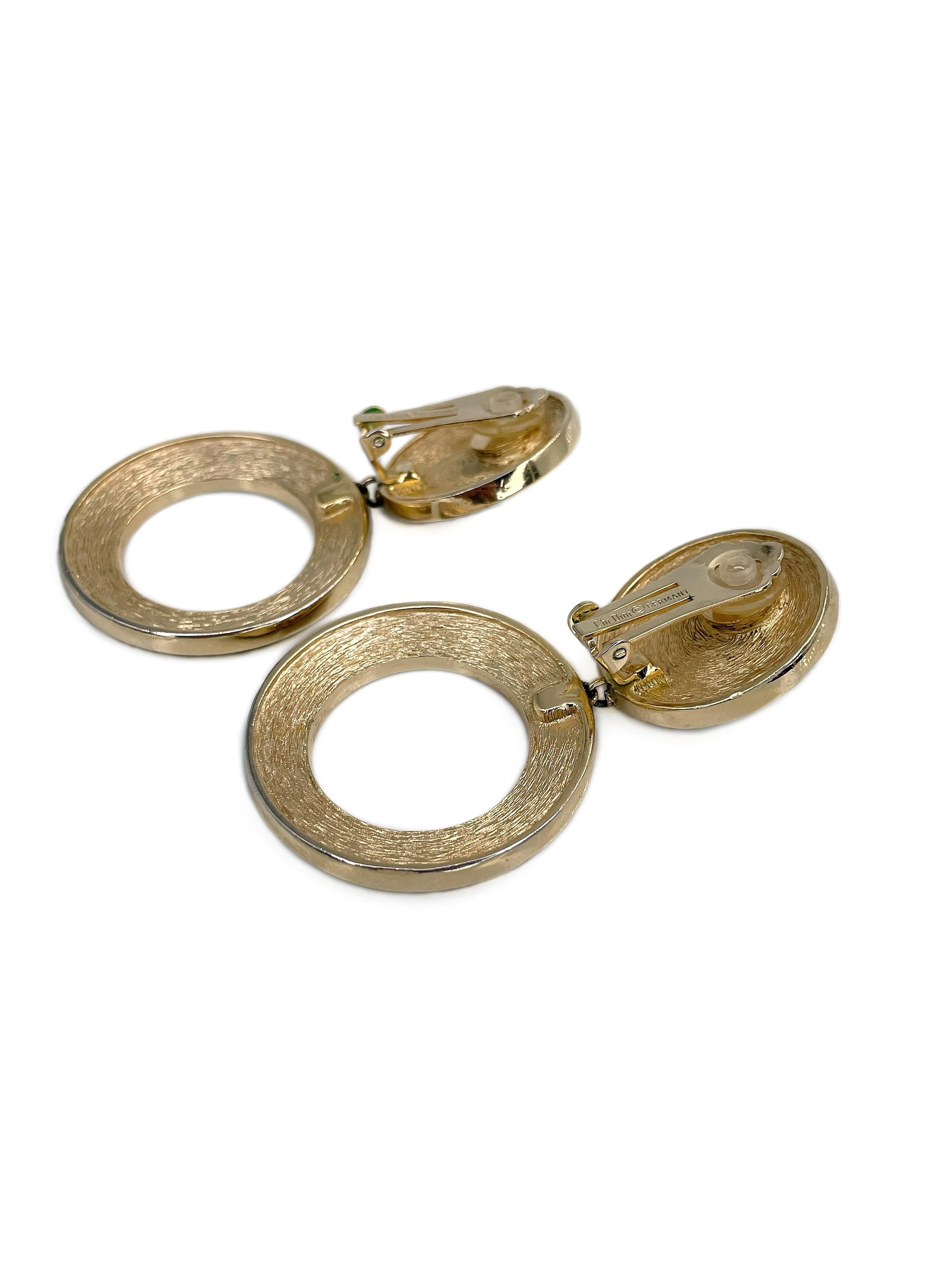 Modern 1990s Vintage Christian Dior Gold Tone CD Logo Hoop Dangling Clip On Earrings