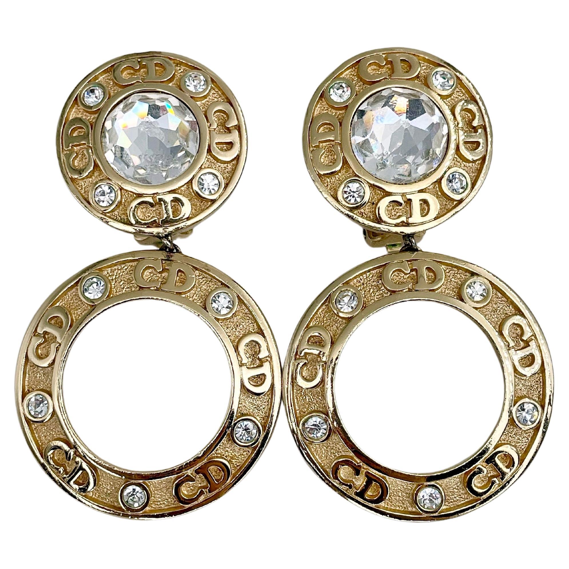 1990s Vintage Christian Dior Gold Tone CD Logo Hoop Dangling Clip On Earrings