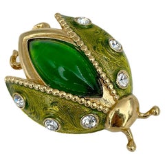 1990s Vintage Christian Dior Gold Tone Crystal Green Enamel Ladybug Pin Brooch