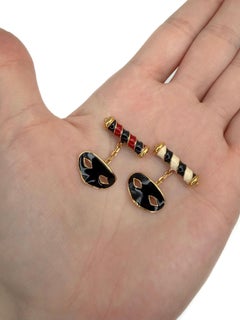 1990 Vintage Christian Dior Masquerade Mask Chain Enamel Gold Tone Cufflinks