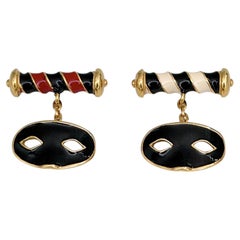 1990 Vintage Christian Dior Masquerade Mask Chain Enamel Gold Tone Cufflinks