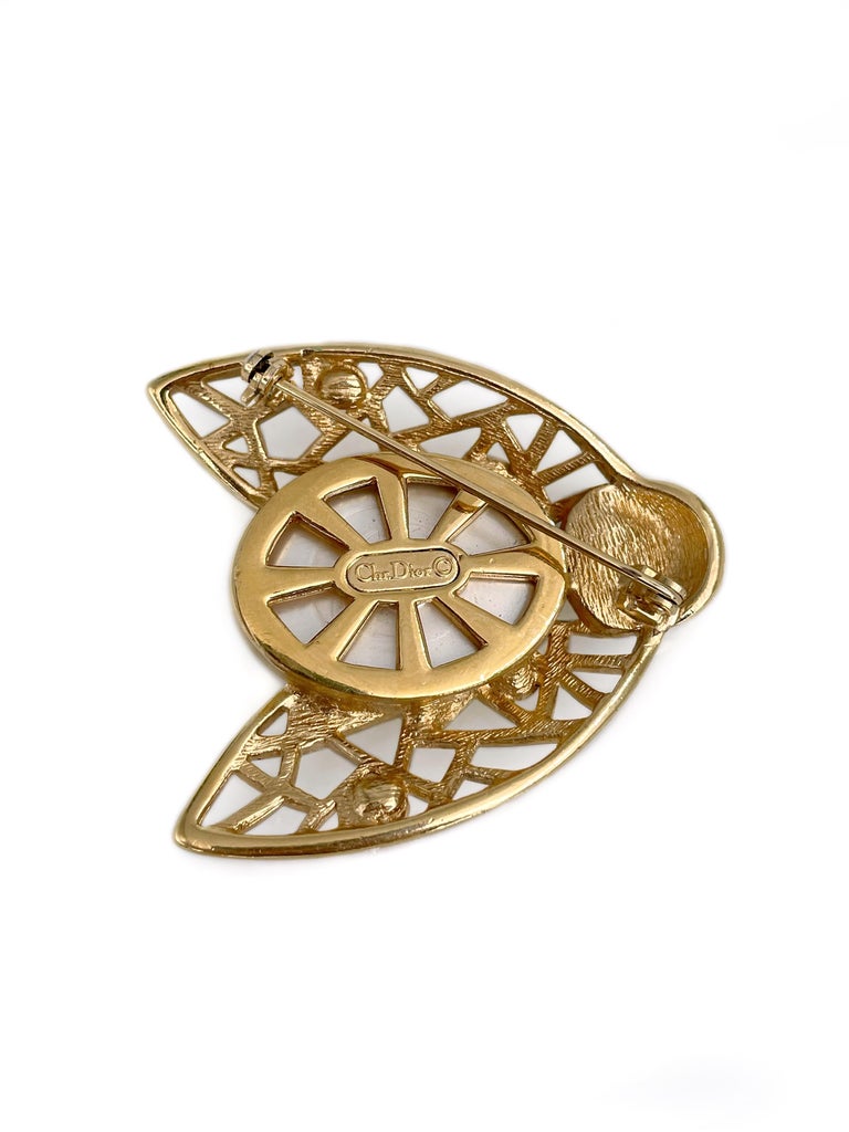 1990s Vintage Christian Dior Gold Tone Faux Pearl Crystal Bee Pin