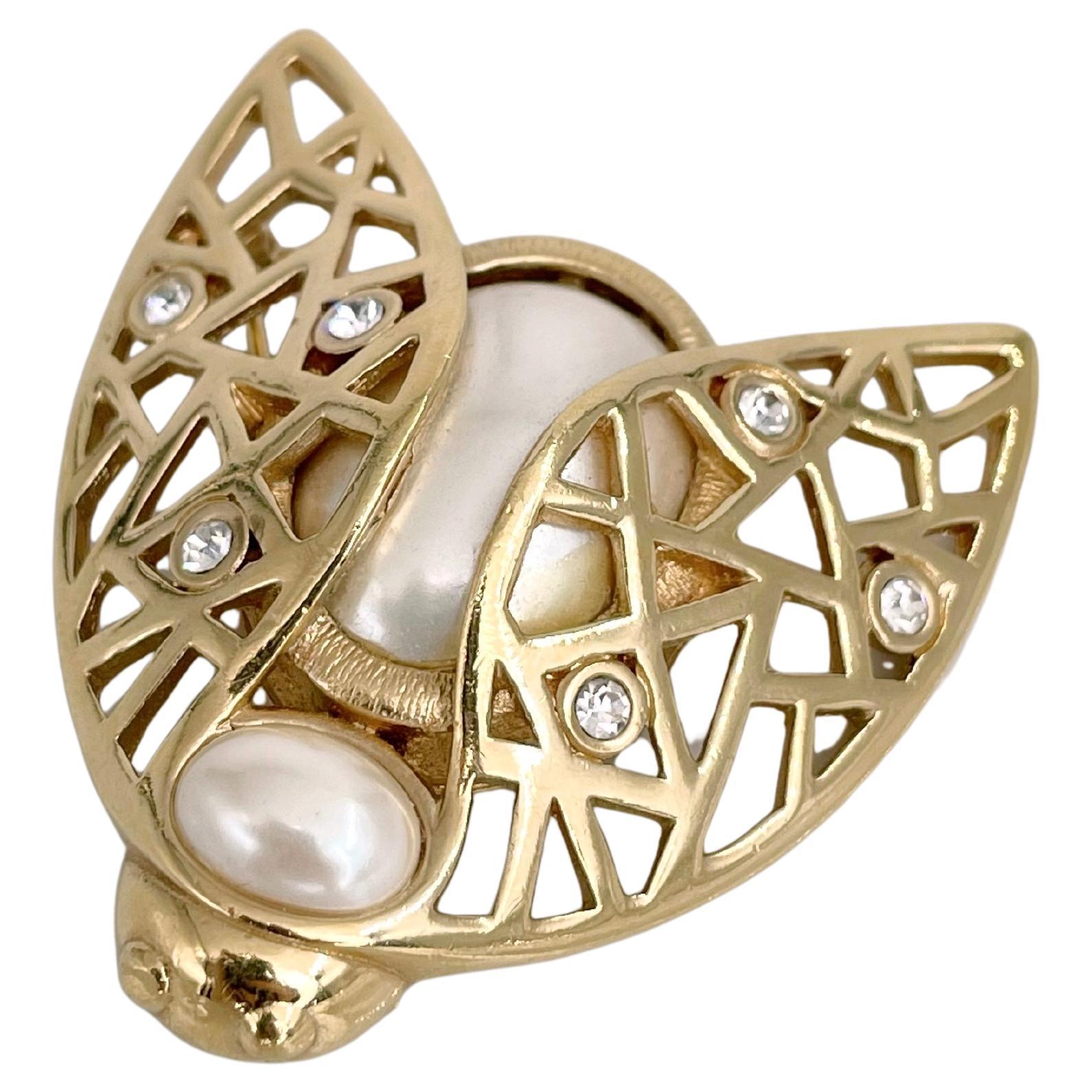 1990s Vintage Christian Dior Gold Tone Faux Pearl Crystal Bee Pin Brooch