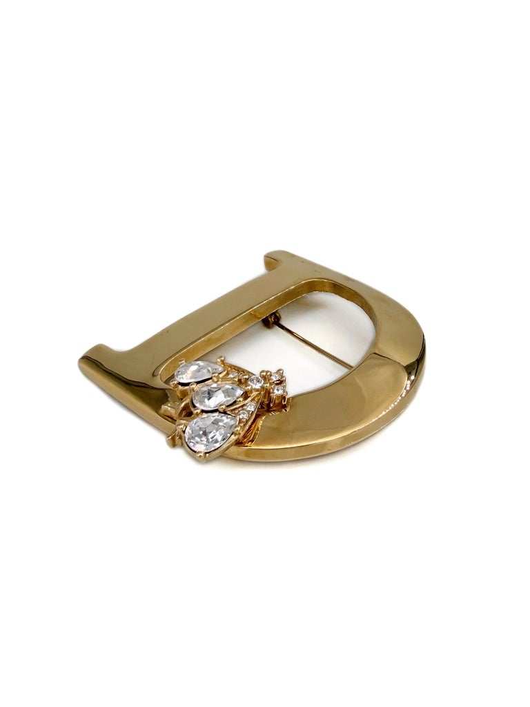 1990s Vintage Christian Dior Gold Tone Letter D Crystal Bee Pin