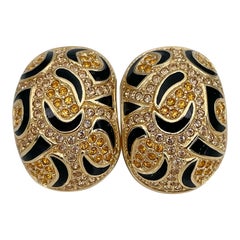 1990s Vintage Christian Dior Orange Crystal Black Enamel Clip on Earrings