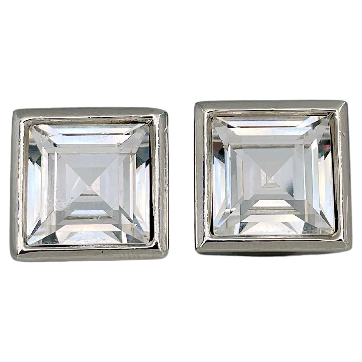 1990s Vintage Christian Dior Silver Tone Clear Crystal Square Clip On Earrings