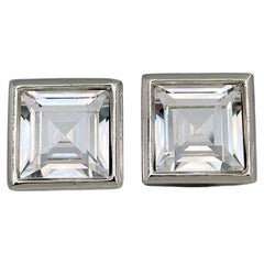 1990 Vintage Christian Dior Silver Tone Clear Crystal Square Clip On Earrings