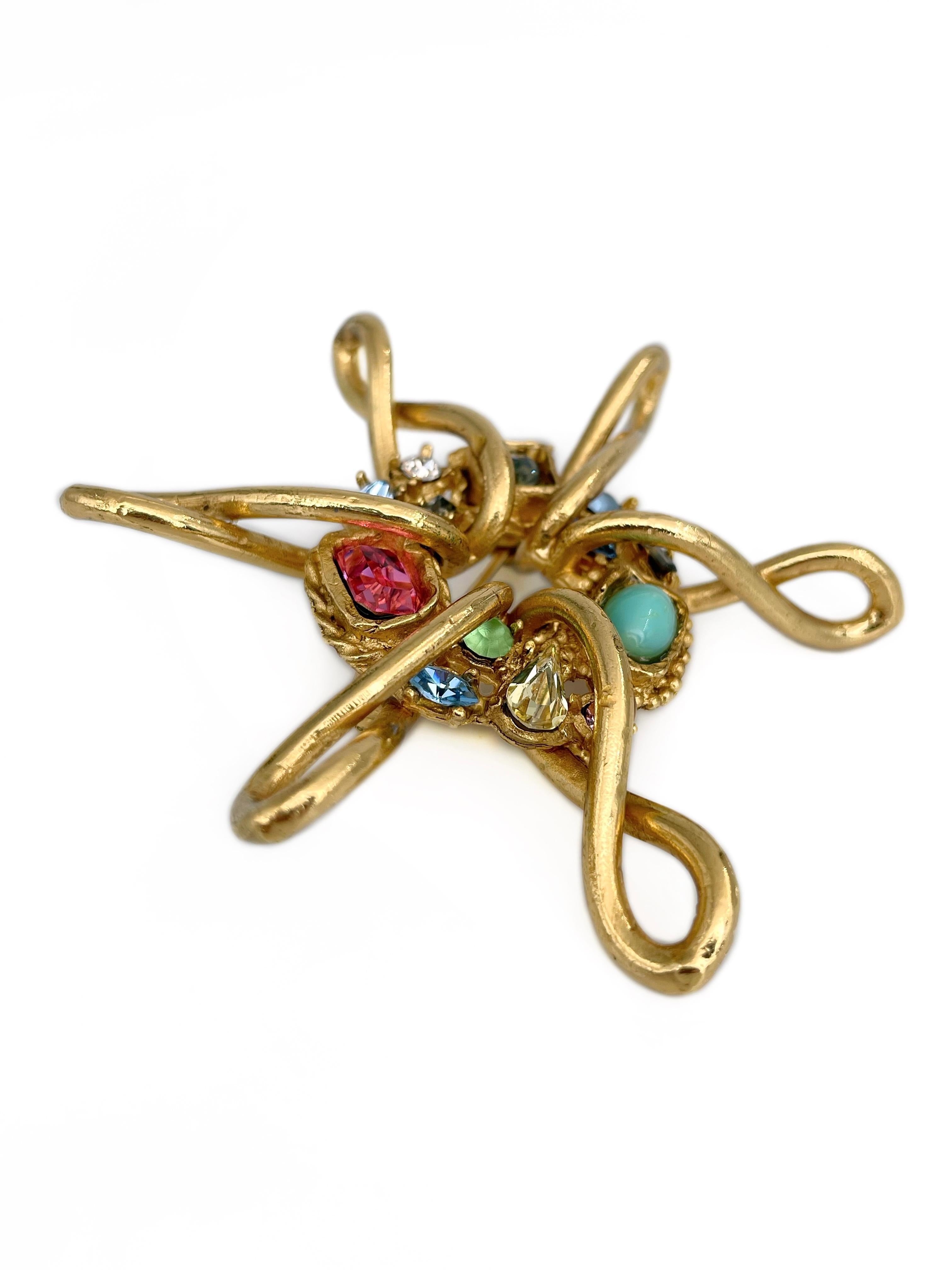 Modern 1990s Vintage Christian Lacroix Gold Tone Colourful Rhinestone Sun Brooch