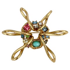 1990s Vintage Christian Lacroix Gold Tone Colourful Rhinestone Sun Brooch
