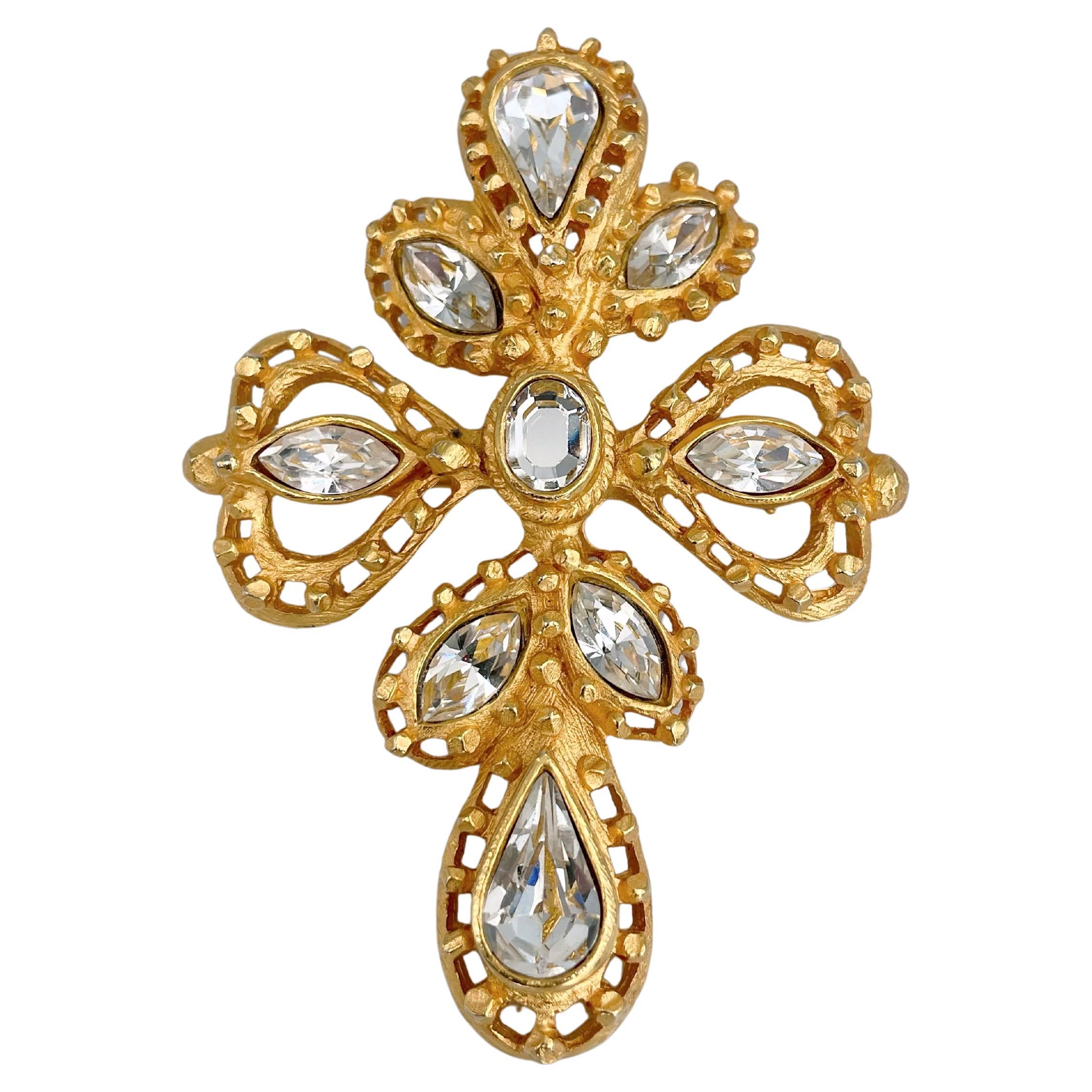 1990s Vintage Christian Lacroix Gold Tone Crystal Openwork Cross Brooch