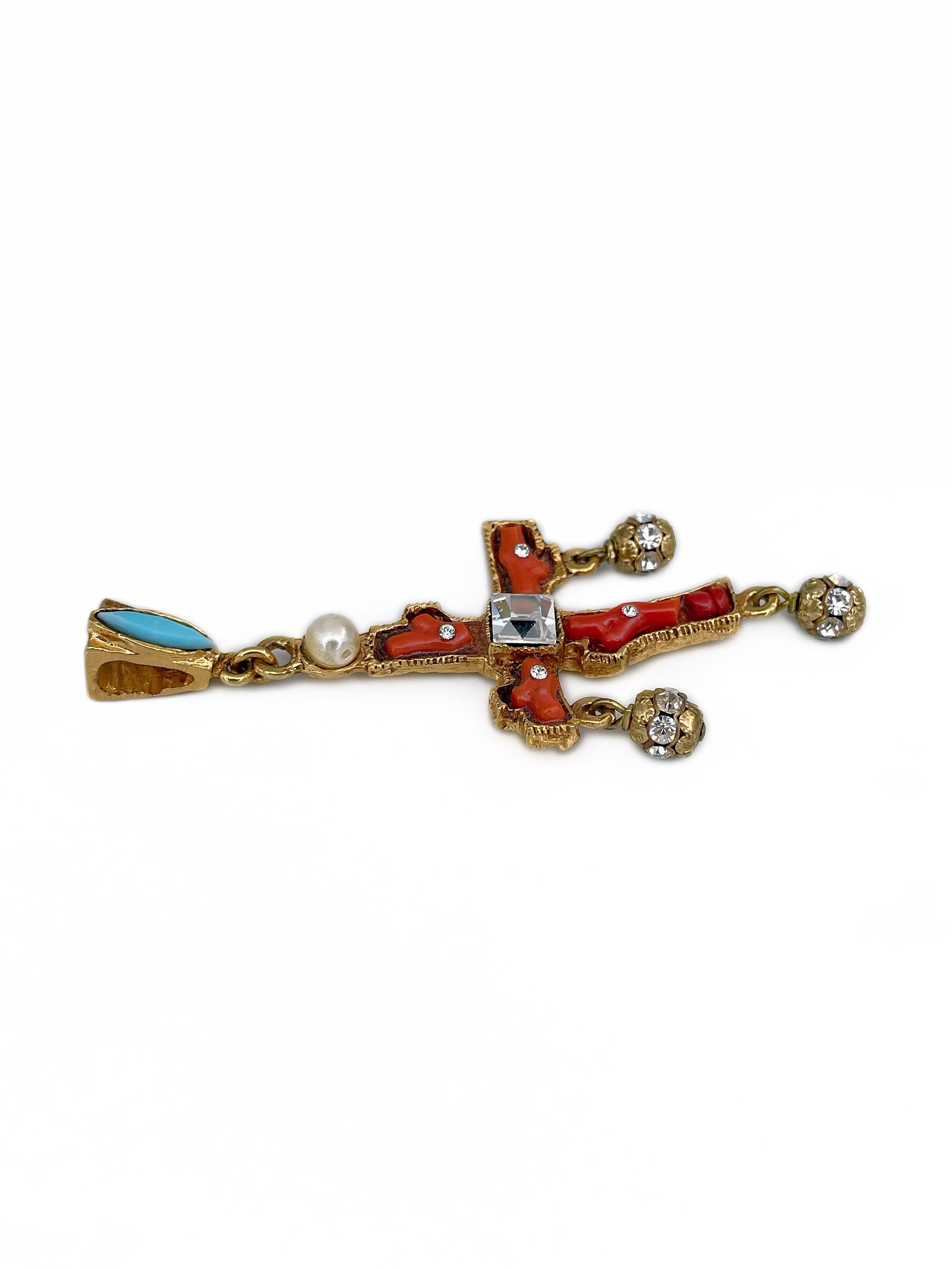 Modern 1990s Vintage Christian Lacroix Gold Tone Faux Coral Crystal Pearl Cross Pendant For Sale