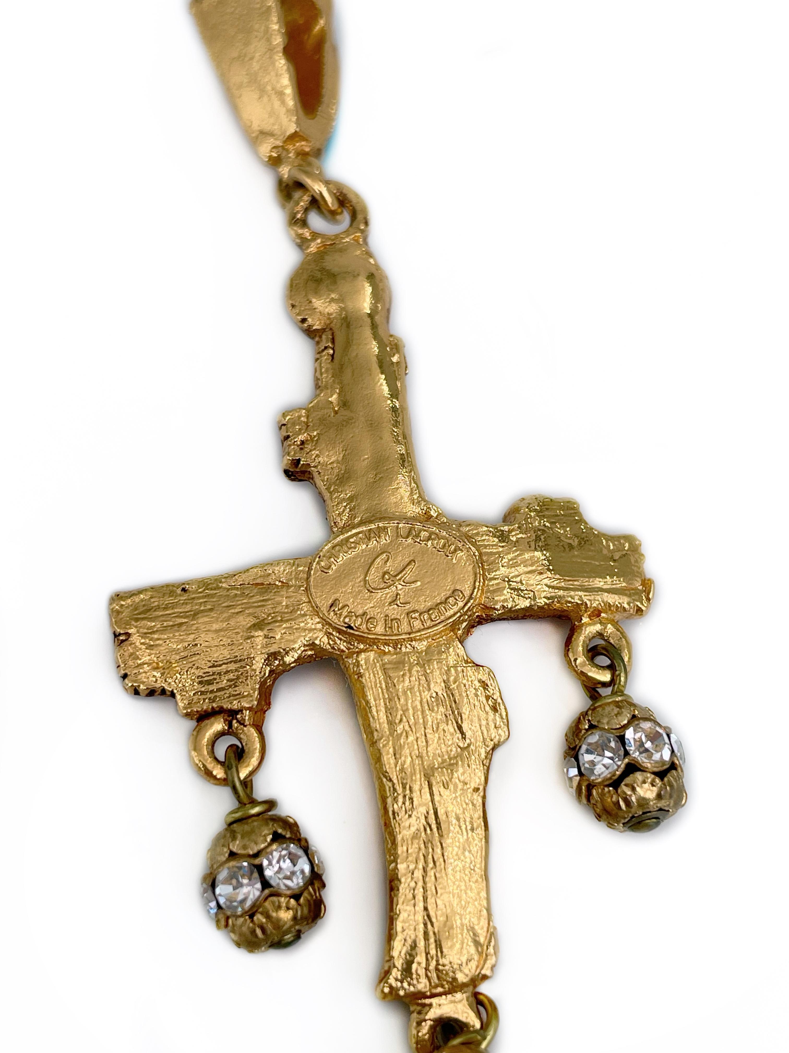Women's 1990s Vintage Christian Lacroix Gold Tone Faux Coral Crystal Pearl Cross Pendant For Sale