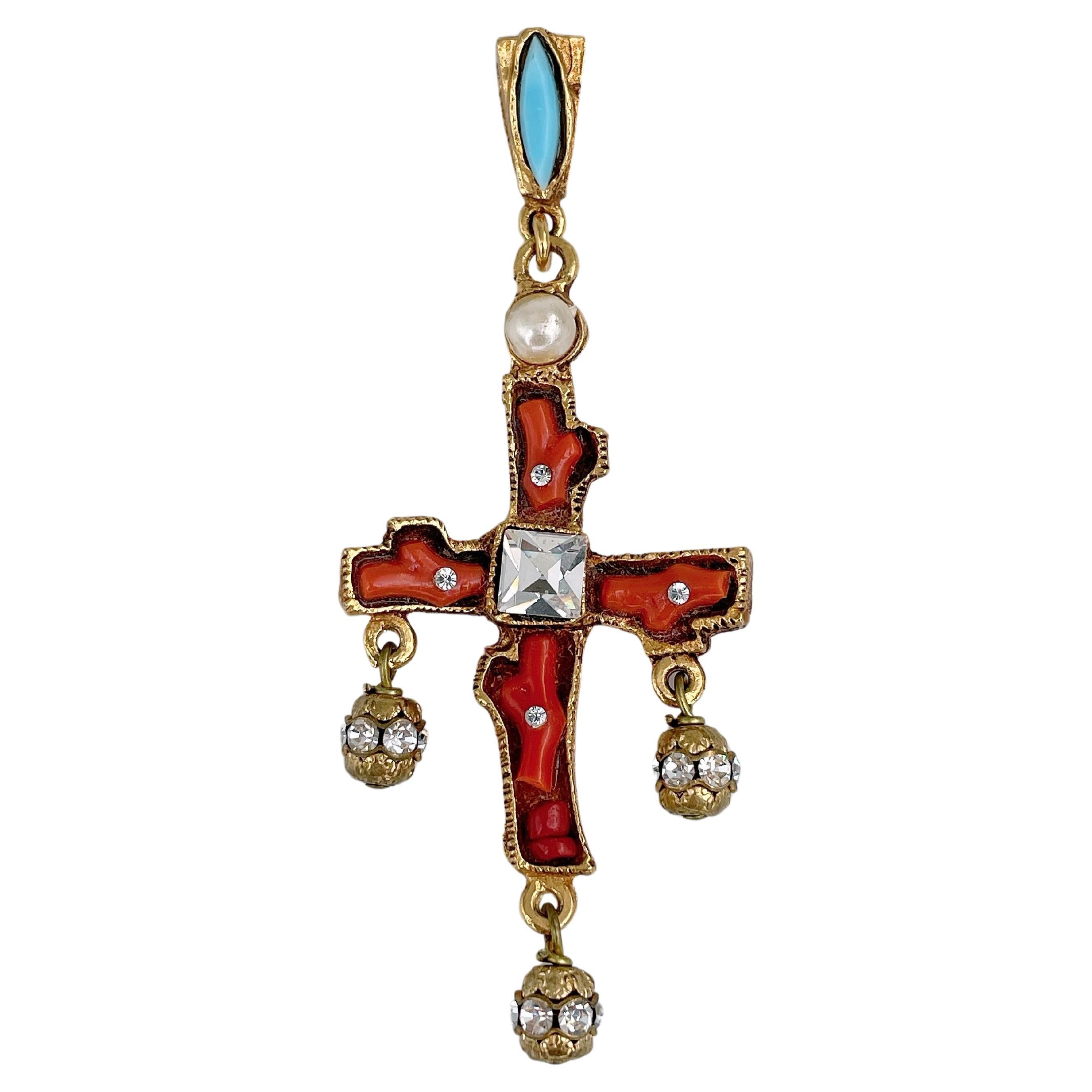 1990s Vintage Christian Lacroix Gold Tone Faux Coral Crystal Pearl Cross Pendant For Sale