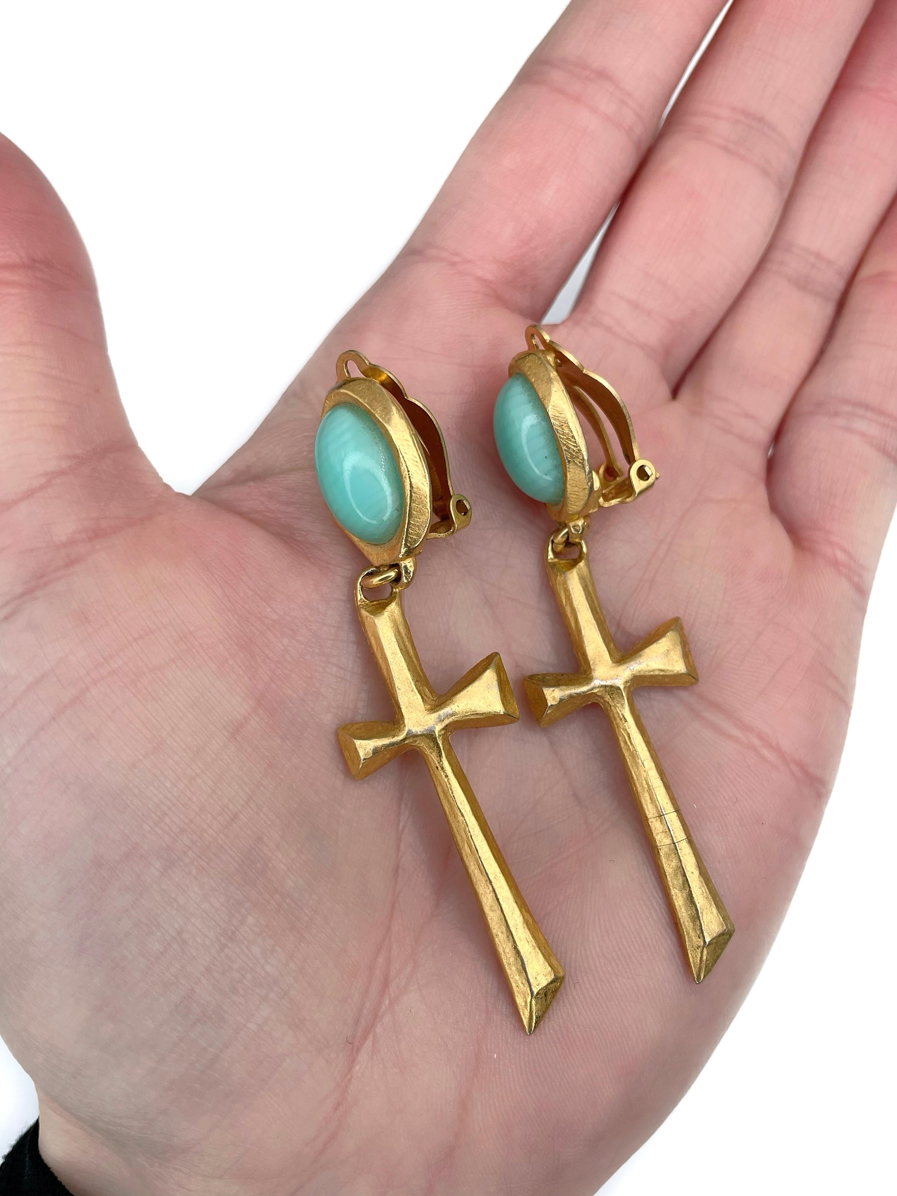 Modern 1990s Vintage Christian Lacroix Gold Tone Faux Turquoise Cross Clip On Earrings