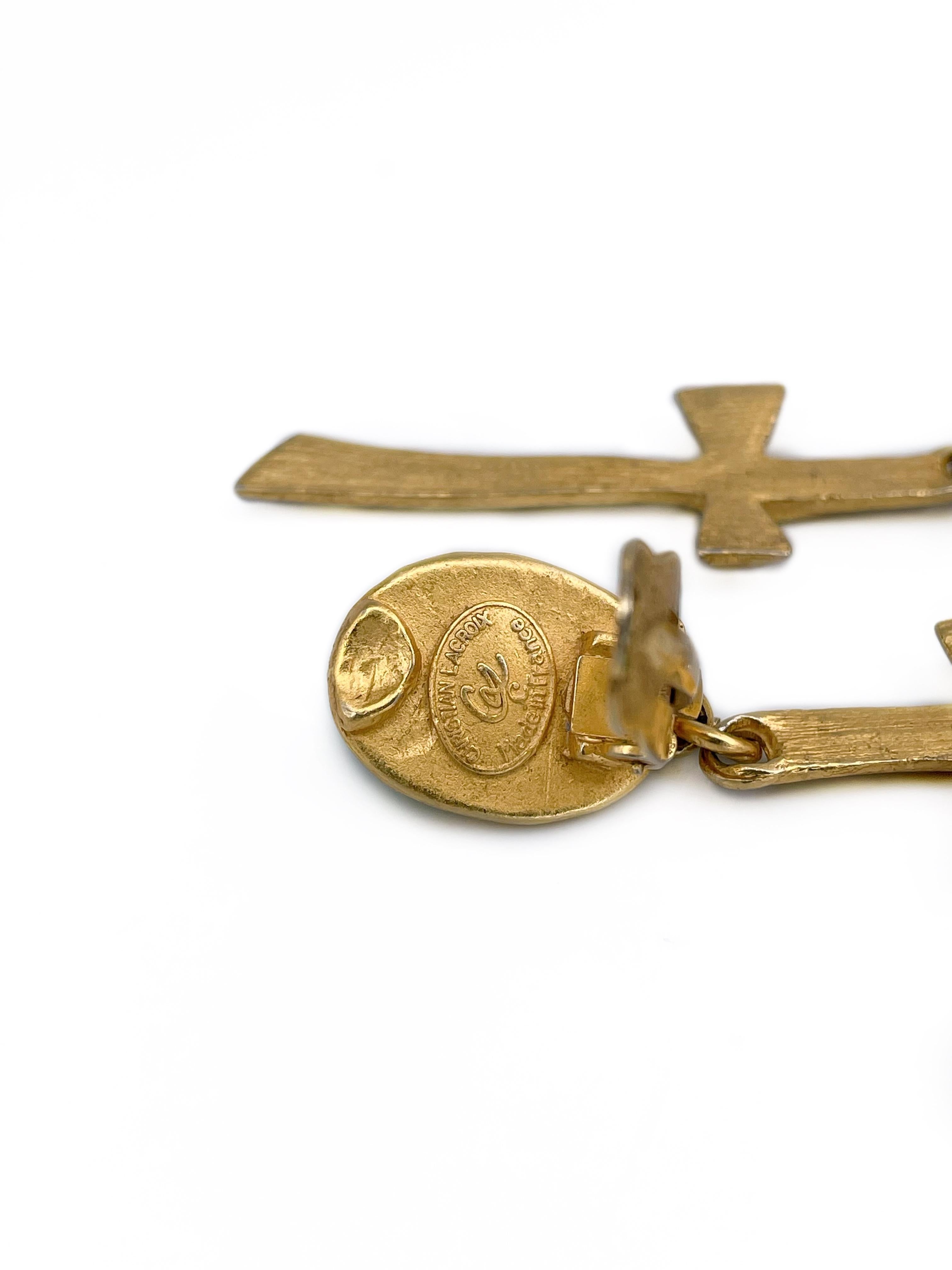 Women's 1990s Vintage Christian Lacroix Gold Tone Faux Turquoise Cross Clip On Earrings
